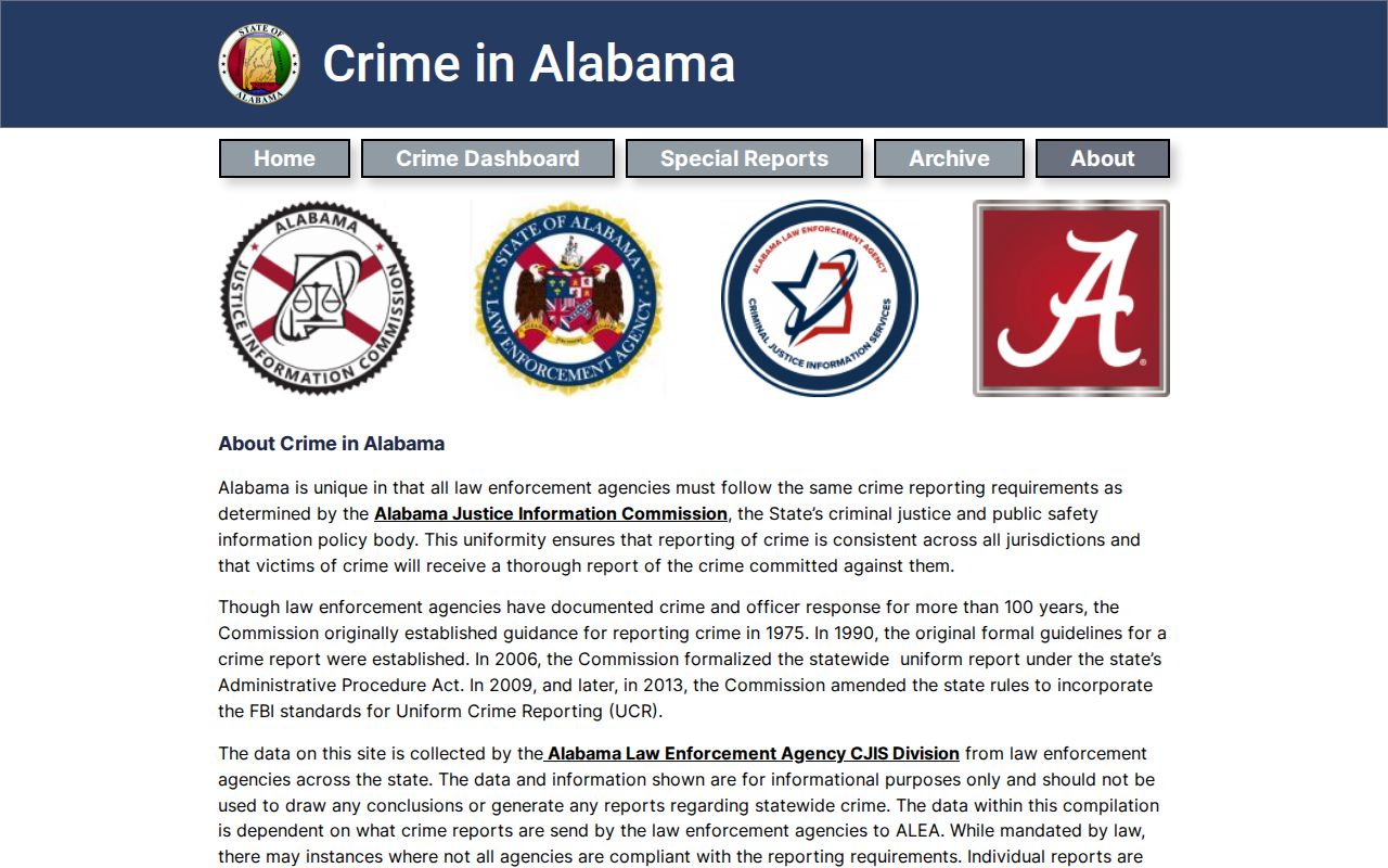Alabama arrest history crime data completeness warning