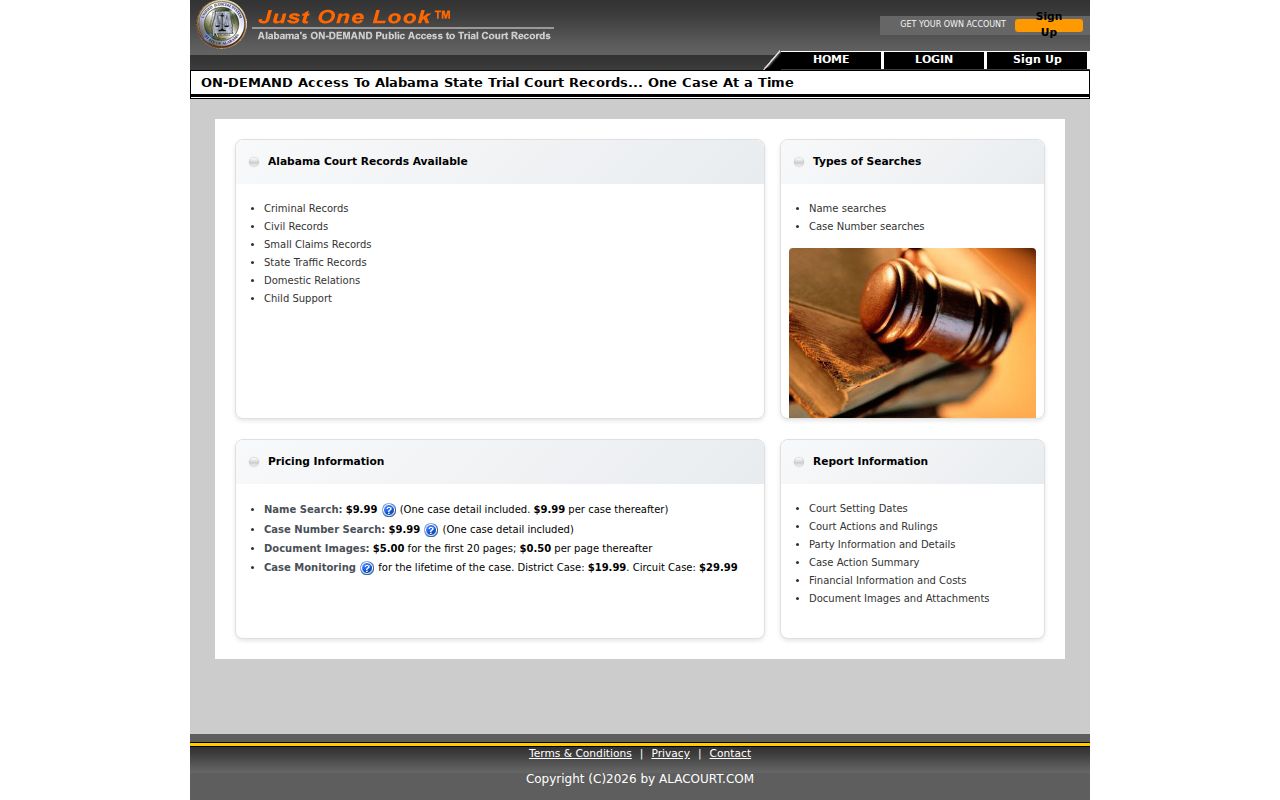 Alabama criminal court case Just One Look landing page