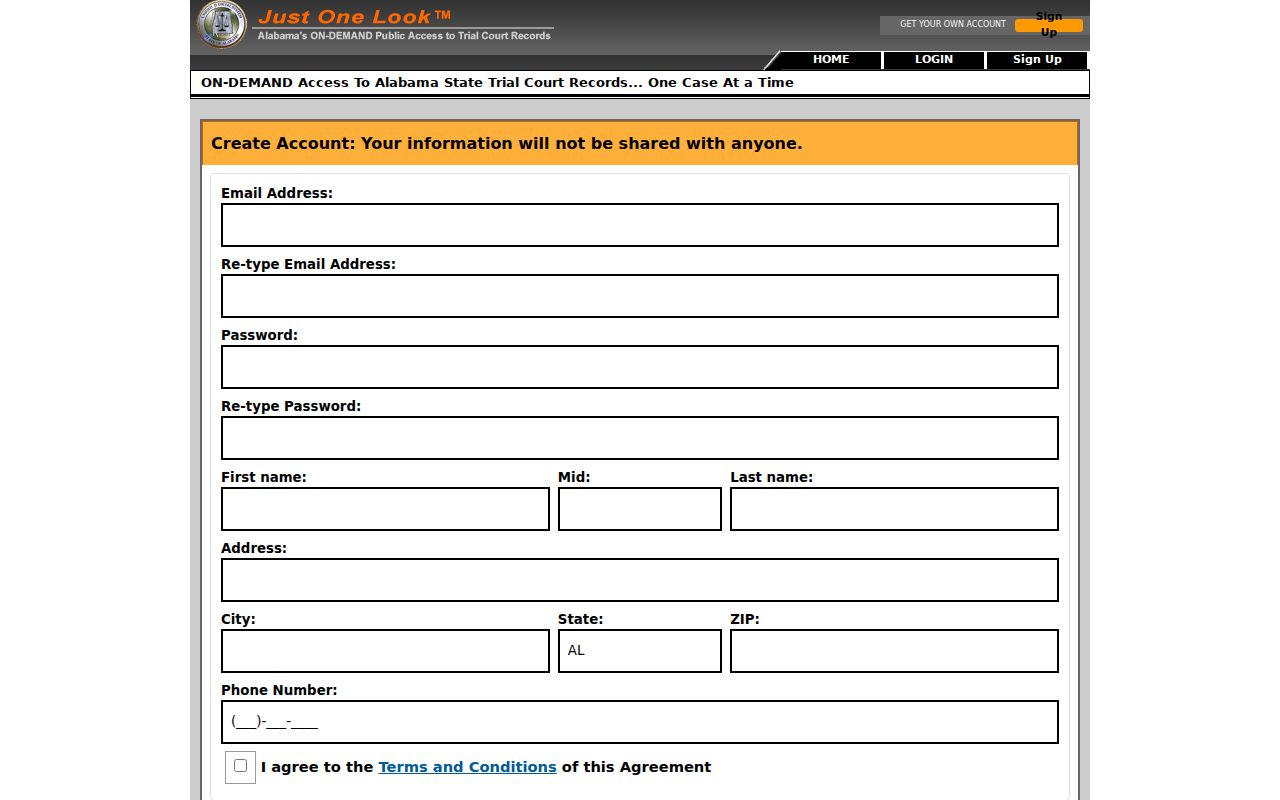 Alabama criminal court case Just One Look account fields