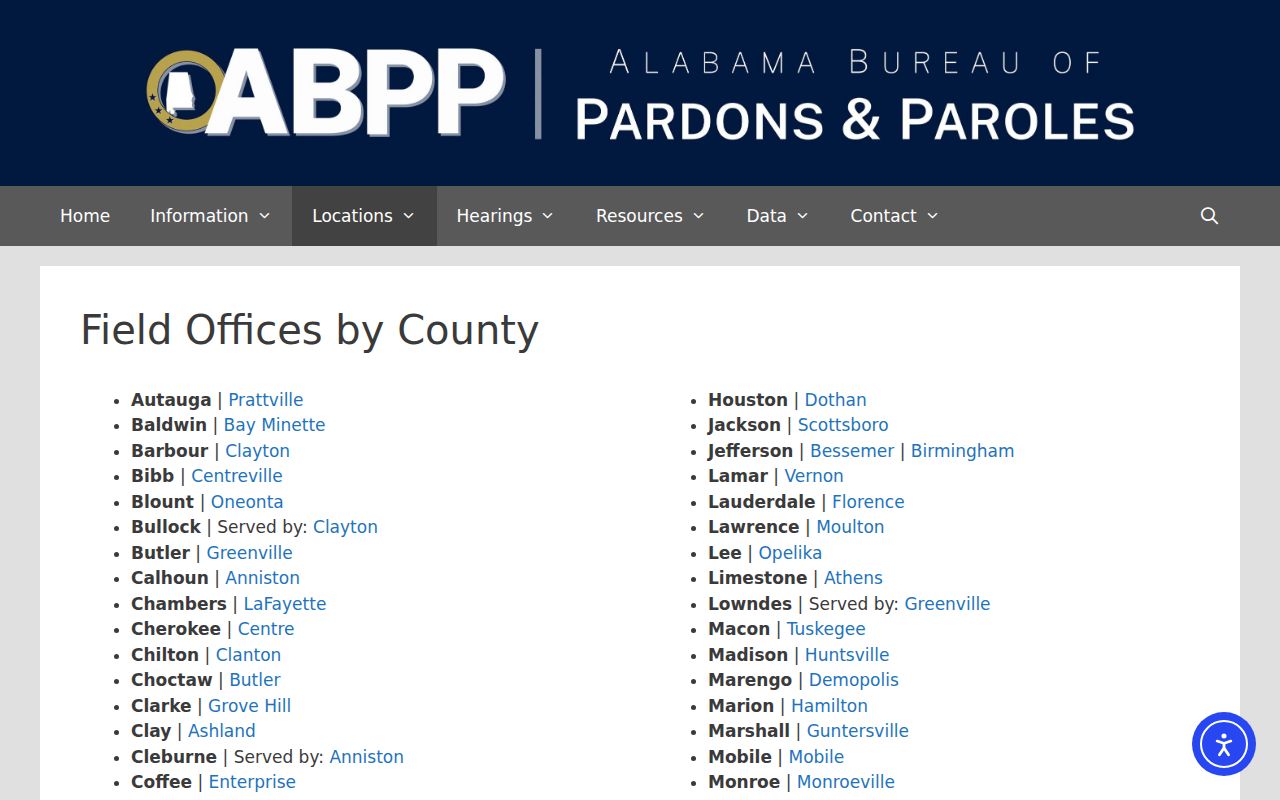 Alabama probation and parole field office routing by county