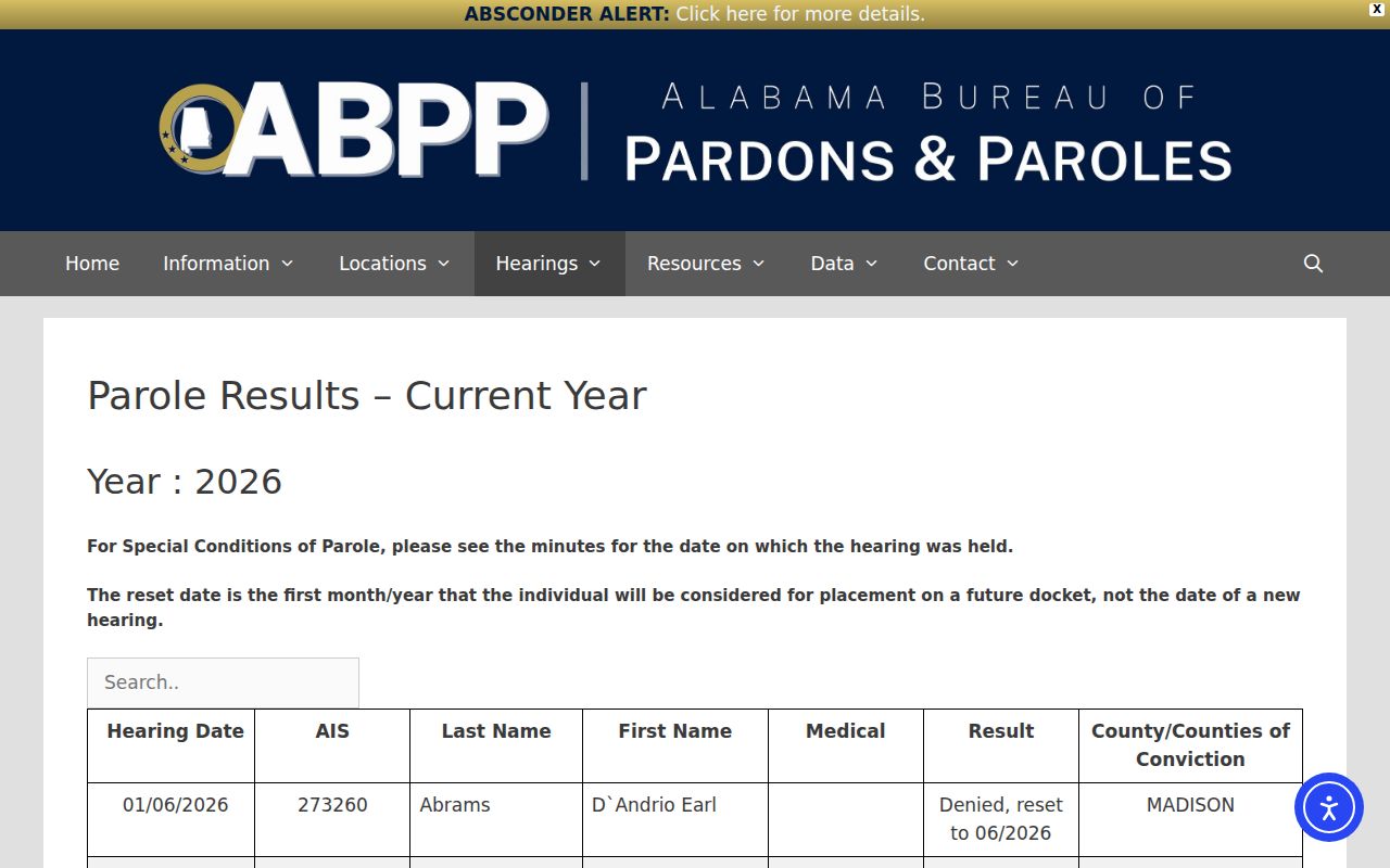 Alabama public parole result records table