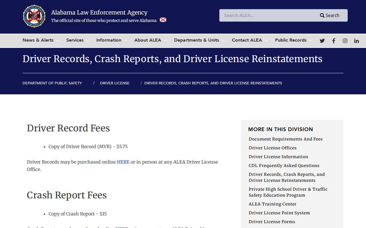 Alabama ALEA crash report fee and ordering records