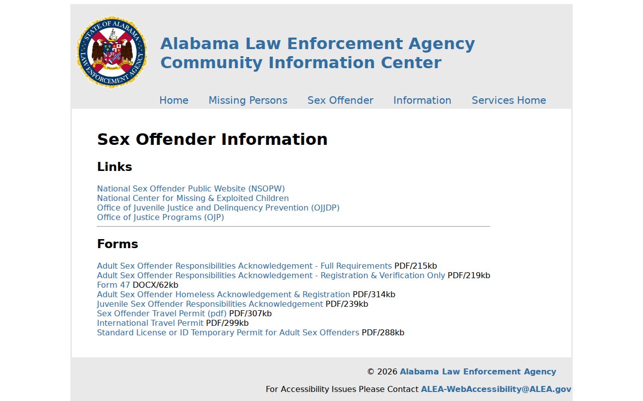 Alabama sex offender responsibilities and forms from ALEA